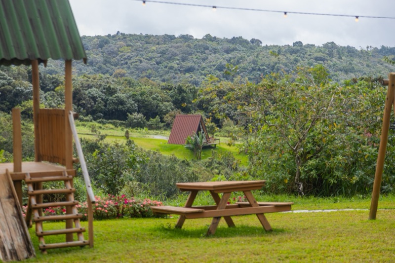 Playground e mesa de piquenique no gramado